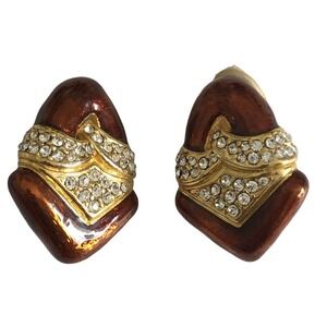 Vintage Clip Earrings Bronze Gold Enamel Rhinestone Crystal Chunky 1980s